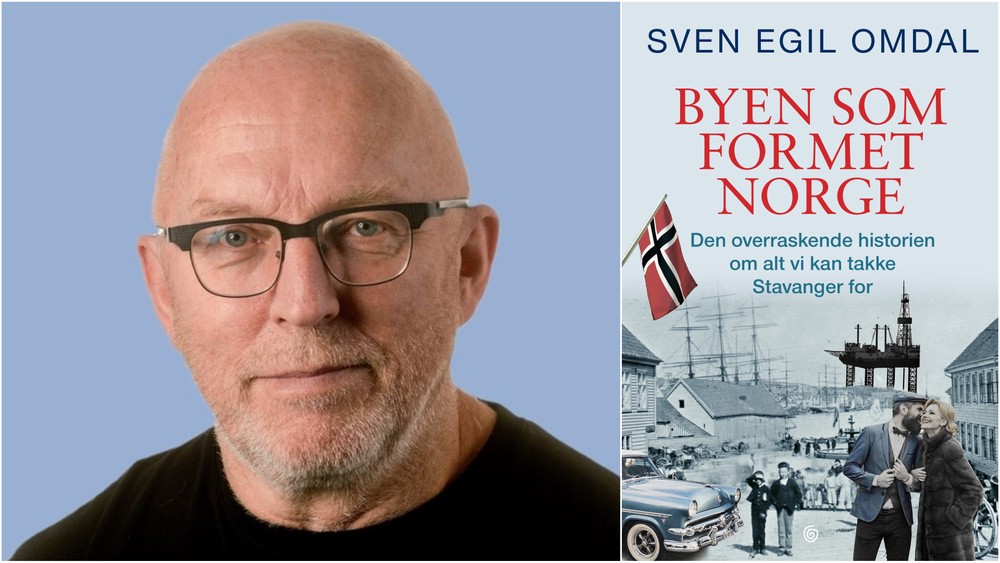 Portrett av Sven Egil Omdal og forsiden av boken Byen som formet Norge